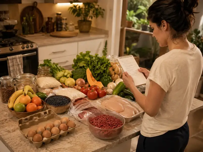 Ingredientes organizados com lista de compras para a semana