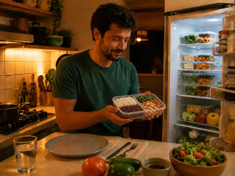 Depois do método: pessoa com pote de comida pronta e geladeira organizada